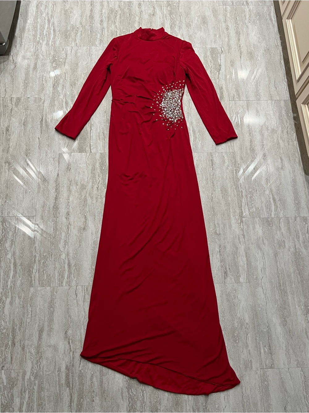 Red Long Sleeve Evening Gown with Embellished Detail